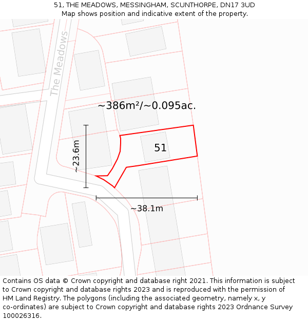 51, THE MEADOWS, MESSINGHAM, SCUNTHORPE, DN17 3UD: Plot and title map