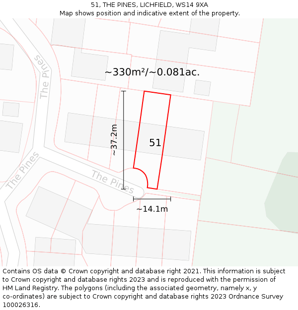 51, THE PINES, LICHFIELD, WS14 9XA: Plot and title map