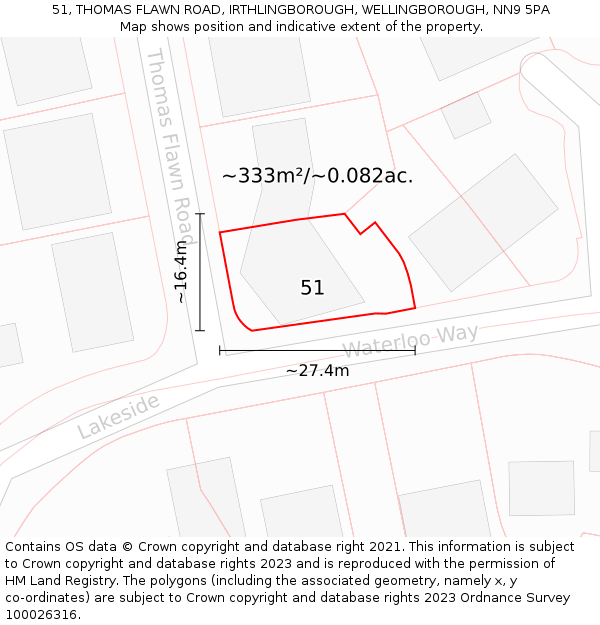 51, THOMAS FLAWN ROAD, IRTHLINGBOROUGH, WELLINGBOROUGH, NN9 5PA: Plot and title map