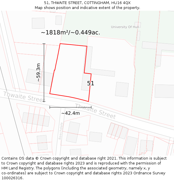 51, THWAITE STREET, COTTINGHAM, HU16 4QX: Plot and title map