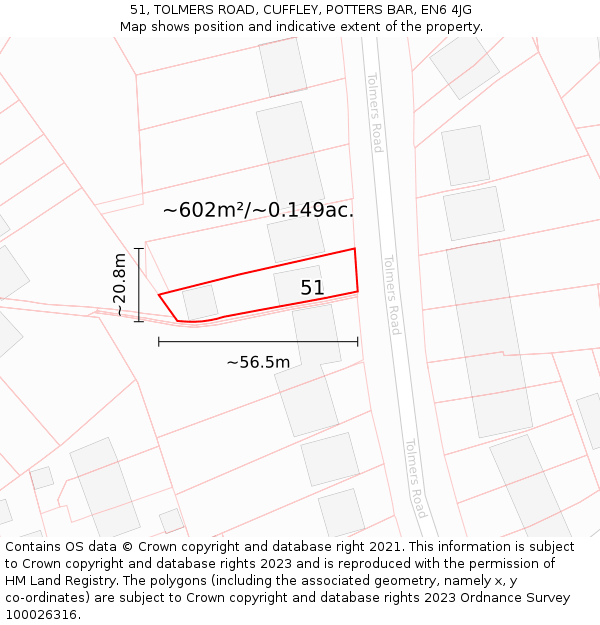 51, TOLMERS ROAD, CUFFLEY, POTTERS BAR, EN6 4JG: Plot and title map