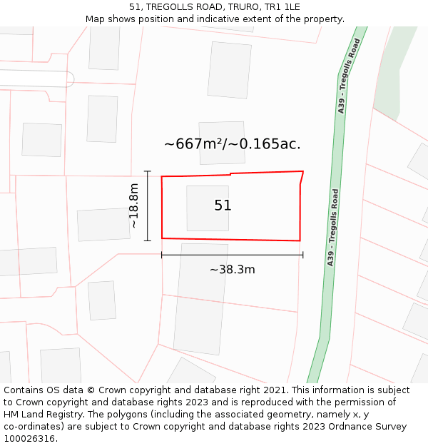 51, TREGOLLS ROAD, TRURO, TR1 1LE: Plot and title map