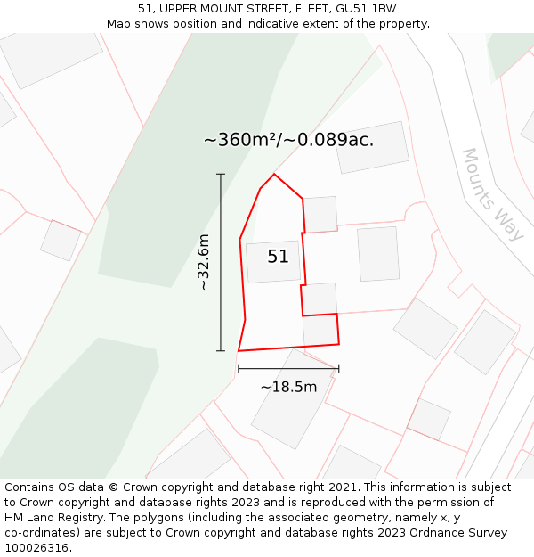 51, UPPER MOUNT STREET, FLEET, GU51 1BW: Plot and title map