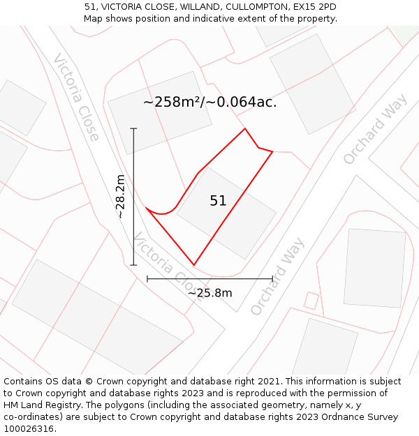 51, VICTORIA CLOSE, WILLAND, CULLOMPTON, EX15 2PD: Plot and title map