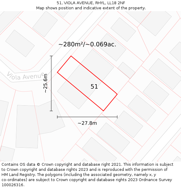 51, VIOLA AVENUE, RHYL, LL18 2NF: Plot and title map