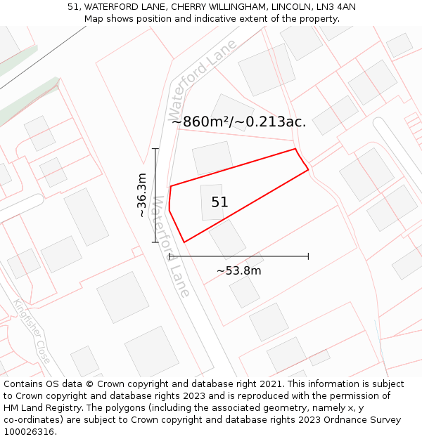 51, WATERFORD LANE, CHERRY WILLINGHAM, LINCOLN, LN3 4AN: Plot and title map