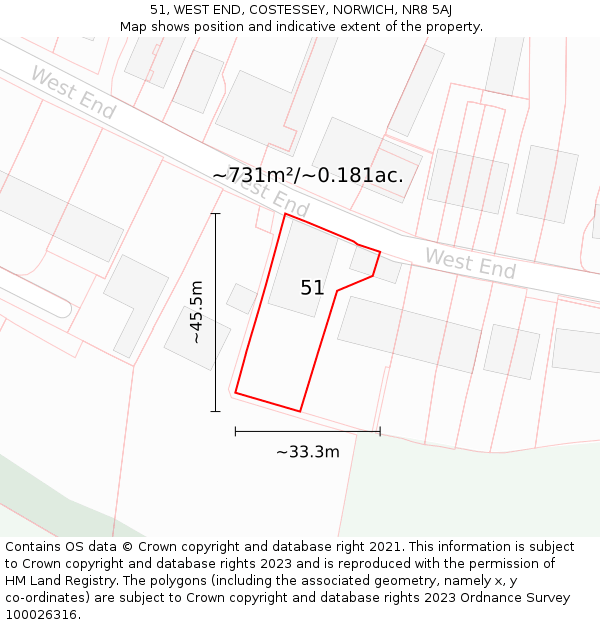 51, WEST END, COSTESSEY, NORWICH, NR8 5AJ: Plot and title map