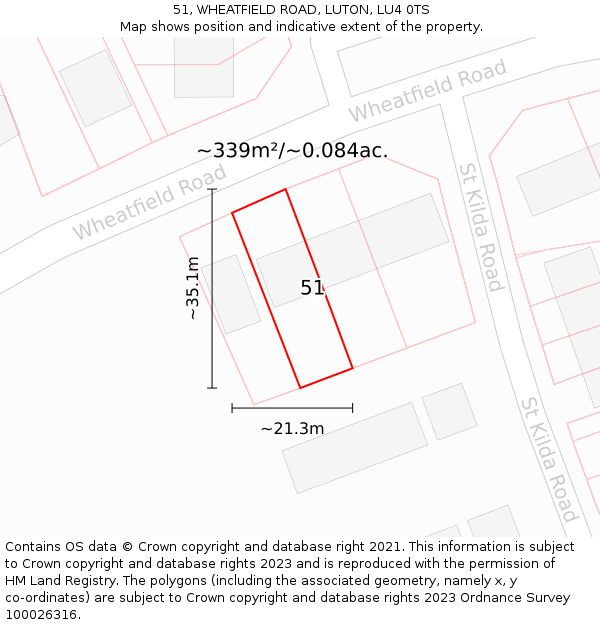 51, WHEATFIELD ROAD, LUTON, LU4 0TS: Plot and title map