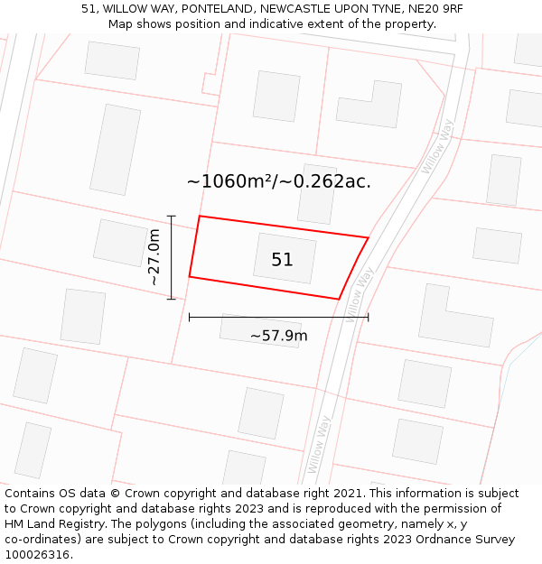 51, WILLOW WAY, PONTELAND, NEWCASTLE UPON TYNE, NE20 9RF: Plot and title map