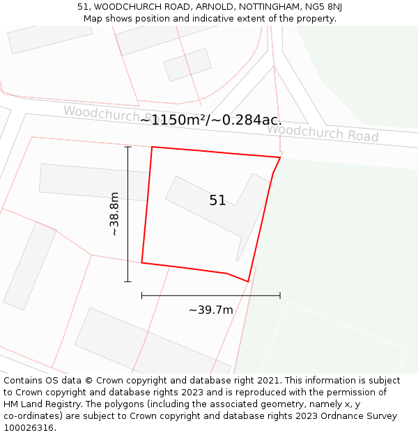 51, WOODCHURCH ROAD, ARNOLD, NOTTINGHAM, NG5 8NJ: Plot and title map