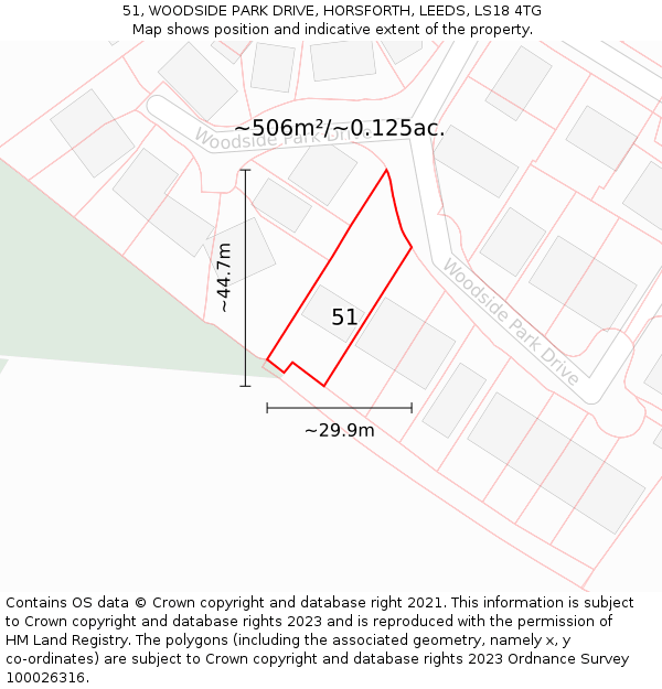 51, WOODSIDE PARK DRIVE, HORSFORTH, LEEDS, LS18 4TG: Plot and title map