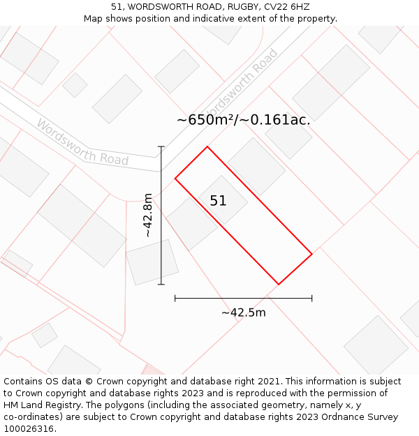 51, WORDSWORTH ROAD, RUGBY, CV22 6HZ: Plot and title map