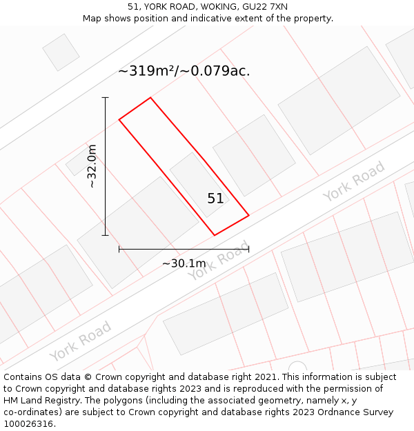 51, YORK ROAD, WOKING, GU22 7XN: Plot and title map