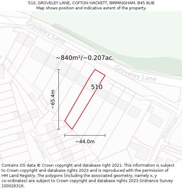 510, GROVELEY LANE, COFTON HACKETT, BIRMINGHAM, B45 8UB: Plot and title map