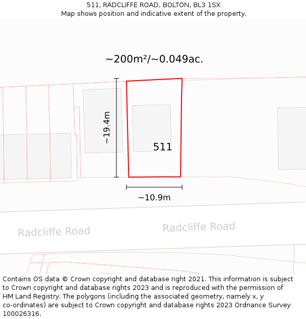 511, RADCLIFFE ROAD, BOLTON, BL3 1SX: Plot and title map