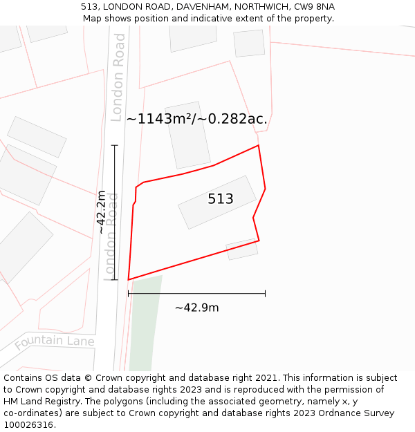 513, LONDON ROAD, DAVENHAM, NORTHWICH, CW9 8NA: Plot and title map