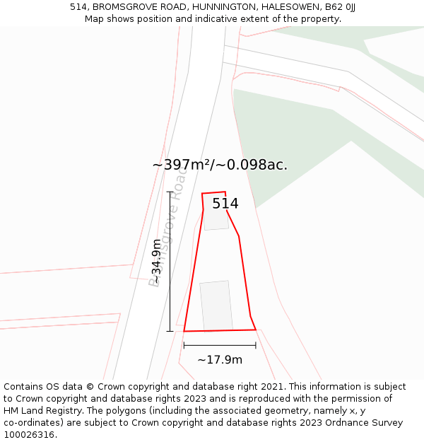 514, BROMSGROVE ROAD, HUNNINGTON, HALESOWEN, B62 0JJ: Plot and title map