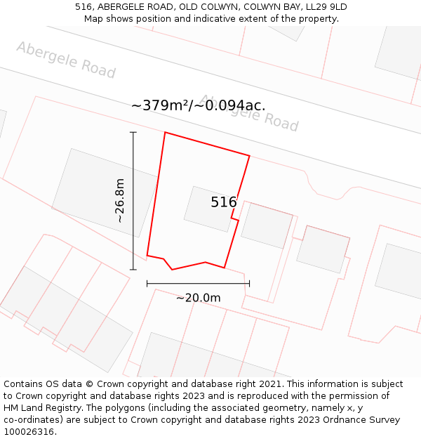 516, ABERGELE ROAD, OLD COLWYN, COLWYN BAY, LL29 9LD: Plot and title map