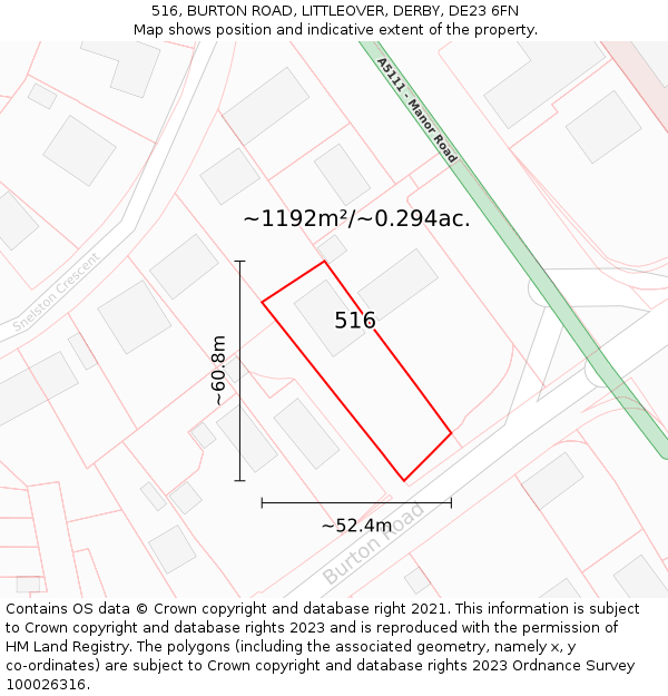 516, BURTON ROAD, LITTLEOVER, DERBY, DE23 6FN: Plot and title map