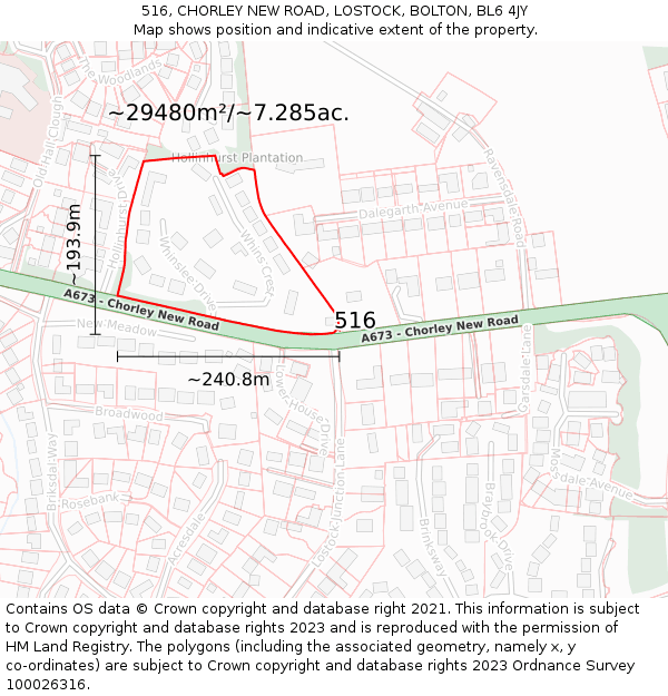 516, CHORLEY NEW ROAD, LOSTOCK, BOLTON, BL6 4JY: Plot and title map