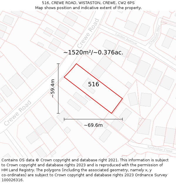 516, CREWE ROAD, WISTASTON, CREWE, CW2 6PS: Plot and title map