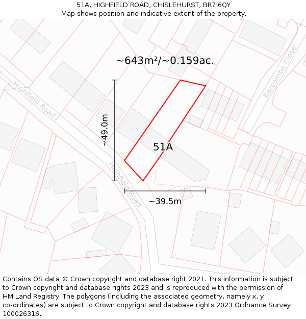 51A, HIGHFIELD ROAD, CHISLEHURST, BR7 6QY: Plot and title map