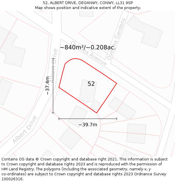 52, ALBERT DRIVE, DEGANWY, CONWY, LL31 9SP: Plot and title map