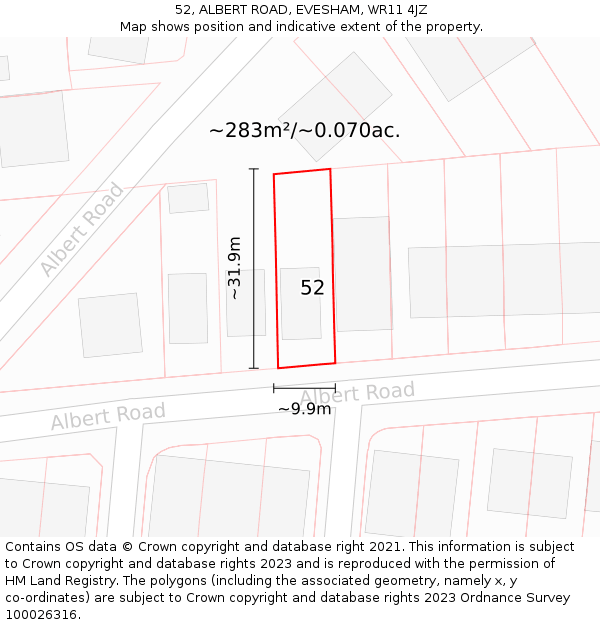 52, ALBERT ROAD, EVESHAM, WR11 4JZ: Plot and title map
