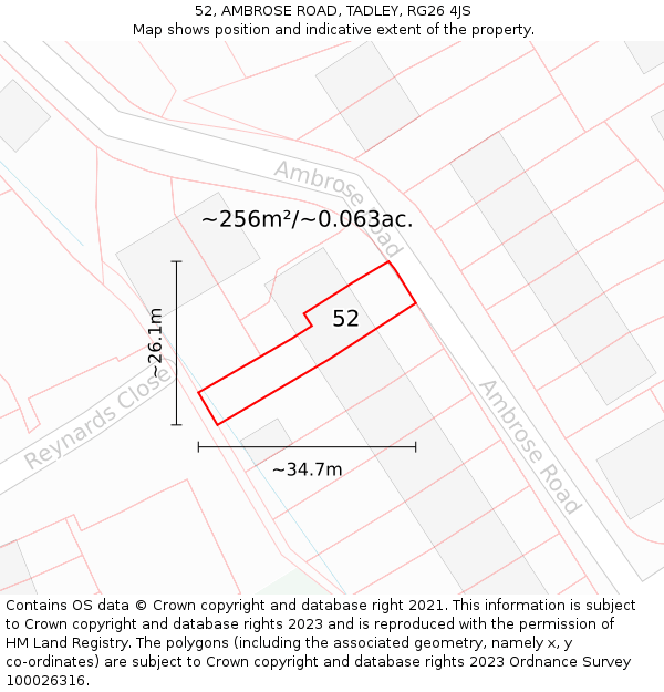 52, AMBROSE ROAD, TADLEY, RG26 4JS: Plot and title map