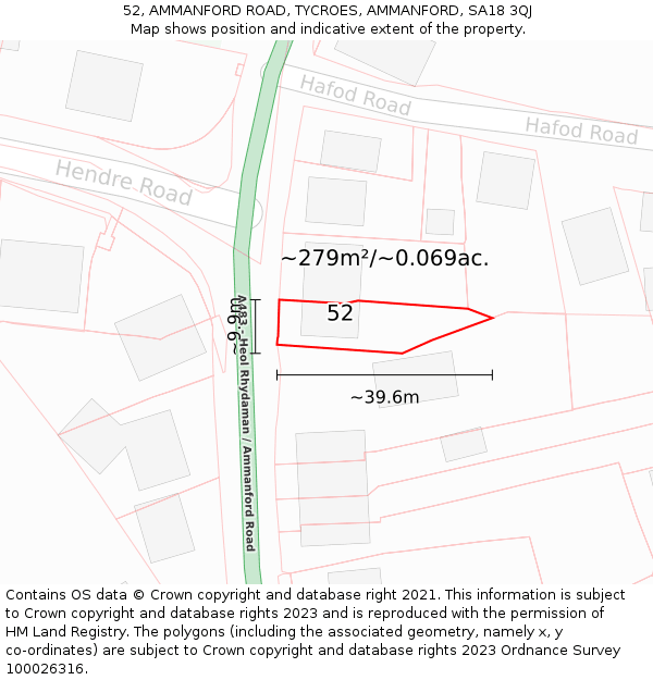 52, AMMANFORD ROAD, TYCROES, AMMANFORD, SA18 3QJ: Plot and title map