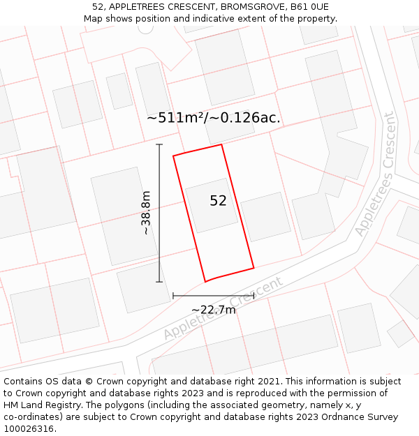 52, APPLETREES CRESCENT, BROMSGROVE, B61 0UE: Plot and title map