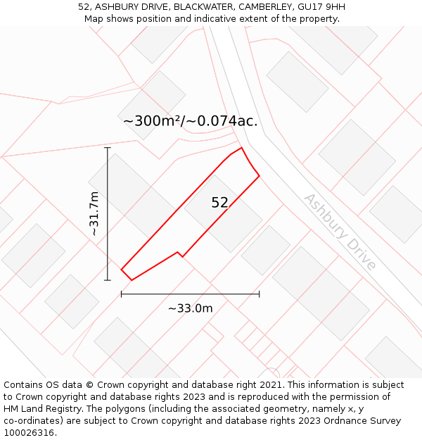 52, ASHBURY DRIVE, BLACKWATER, CAMBERLEY, GU17 9HH: Plot and title map