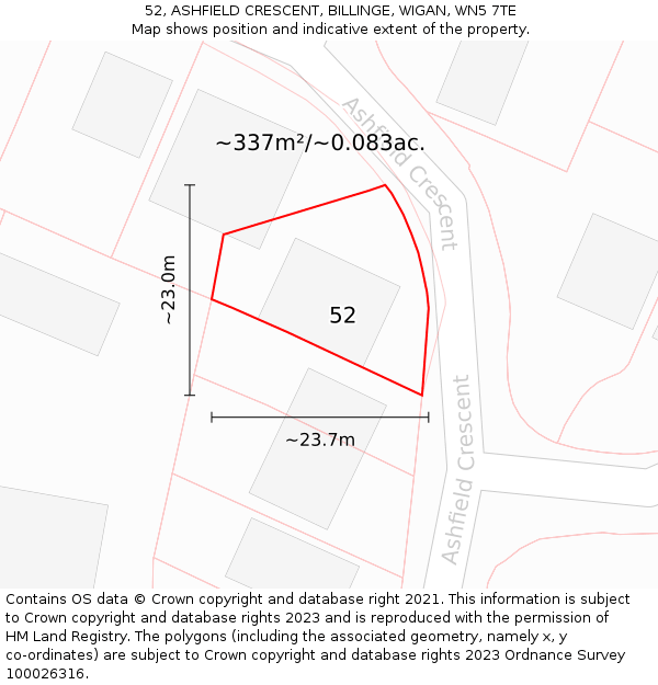 52, ASHFIELD CRESCENT, BILLINGE, WIGAN, WN5 7TE: Plot and title map