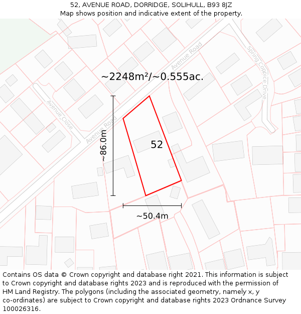 52, AVENUE ROAD, DORRIDGE, SOLIHULL, B93 8JZ: Plot and title map