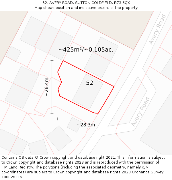 52, AVERY ROAD, SUTTON COLDFIELD, B73 6QX: Plot and title map