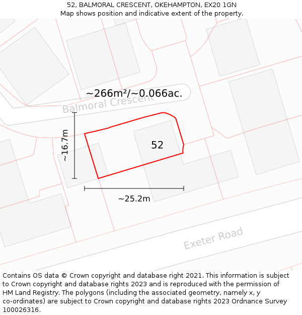 52, BALMORAL CRESCENT, OKEHAMPTON, EX20 1GN: Plot and title map