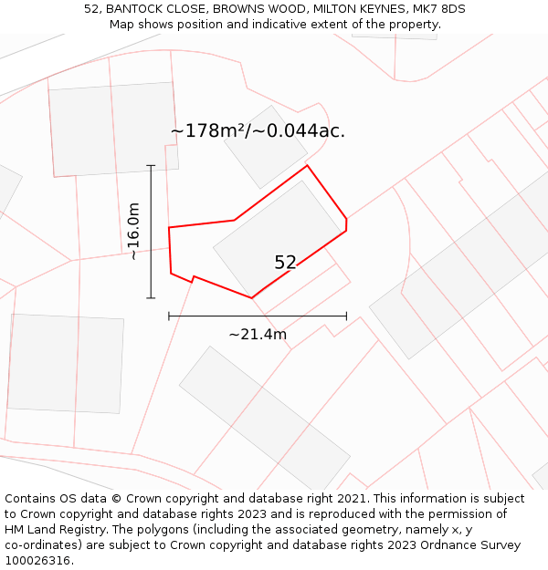 52, BANTOCK CLOSE, BROWNS WOOD, MILTON KEYNES, MK7 8DS: Plot and title map