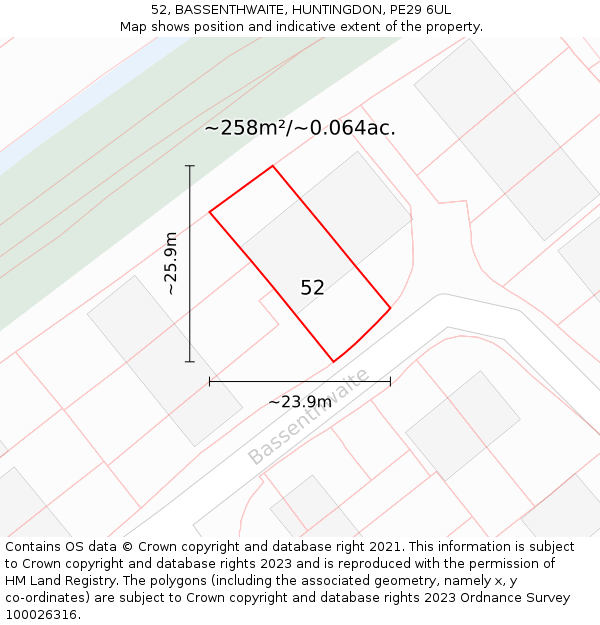 52, BASSENTHWAITE, HUNTINGDON, PE29 6UL: Plot and title map