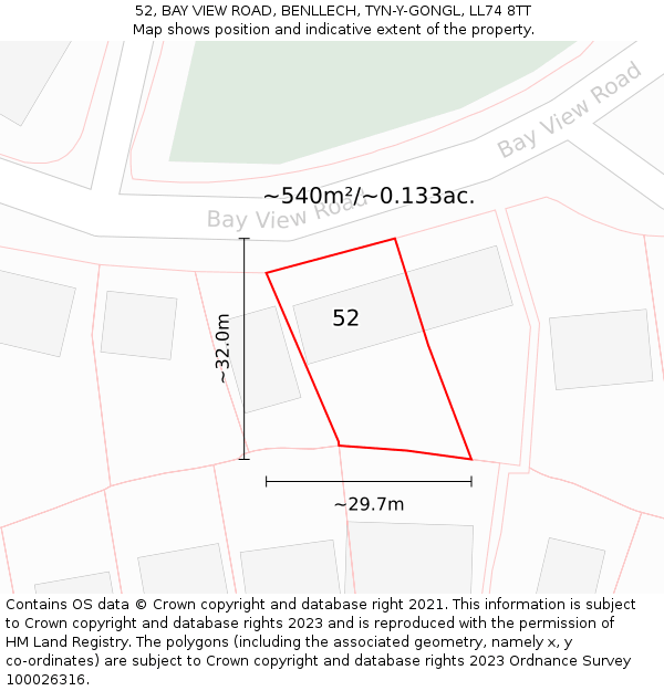 52, BAY VIEW ROAD, BENLLECH, TYN-Y-GONGL, LL74 8TT: Plot and title map