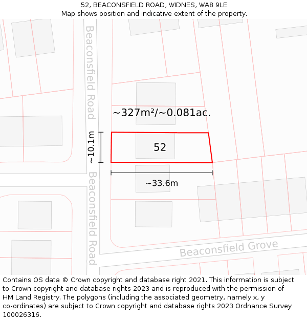 52, BEACONSFIELD ROAD, WIDNES, WA8 9LE: Plot and title map