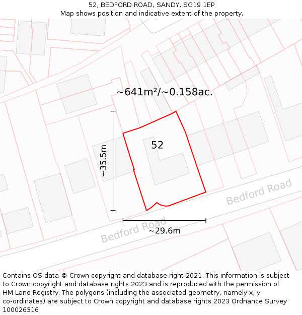 52, BEDFORD ROAD, SANDY, SG19 1EP: Plot and title map