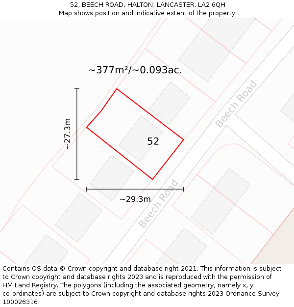 52, BEECH ROAD, HALTON, LANCASTER, LA2 6QH: Plot and title map