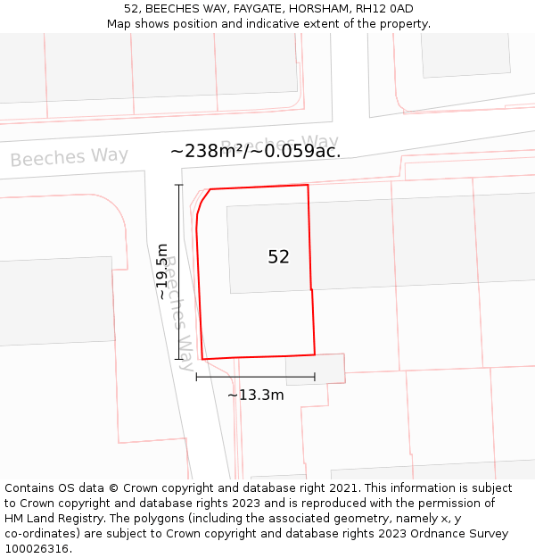 52, BEECHES WAY, FAYGATE, HORSHAM, RH12 0AD: Plot and title map