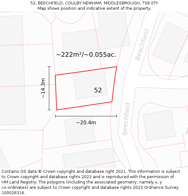 52, BEECHFIELD, COULBY NEWHAM, MIDDLESBROUGH, TS8 0TY: Plot and title map