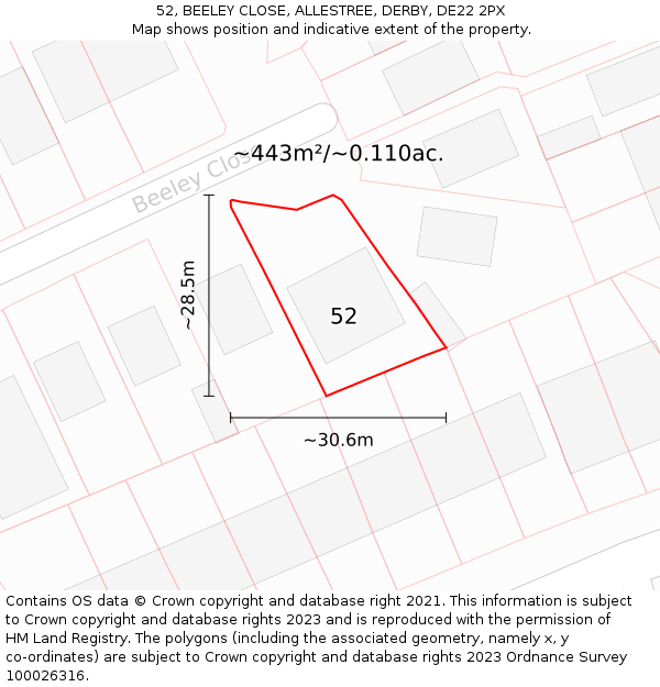 52, BEELEY CLOSE, ALLESTREE, DERBY, DE22 2PX: Plot and title map