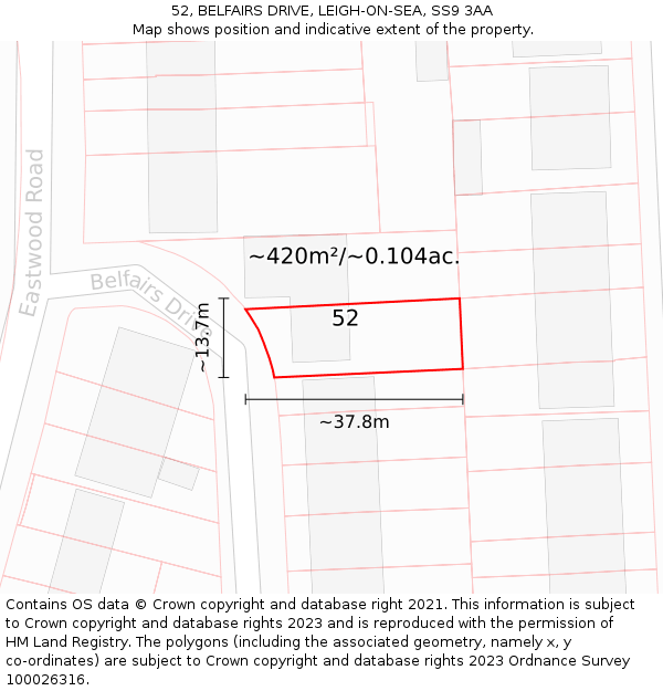 52, BELFAIRS DRIVE, LEIGH-ON-SEA, SS9 3AA: Plot and title map