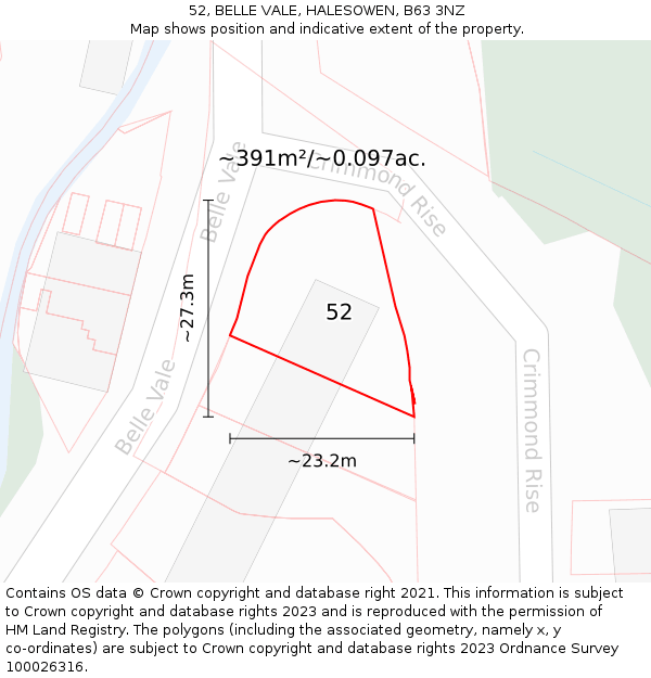 52, BELLE VALE, HALESOWEN, B63 3NZ: Plot and title map