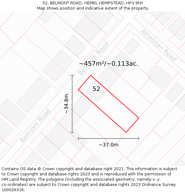 52, BELMONT ROAD, HEMEL HEMPSTEAD, HP3 9NY: Plot and title map