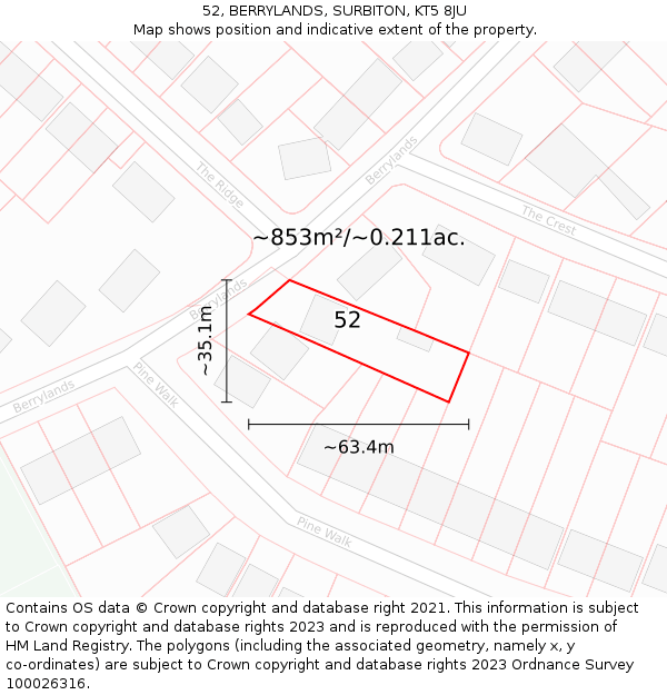 52, BERRYLANDS, SURBITON, KT5 8JU: Plot and title map