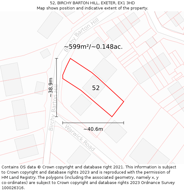 52, BIRCHY BARTON HILL, EXETER, EX1 3HD: Plot and title map